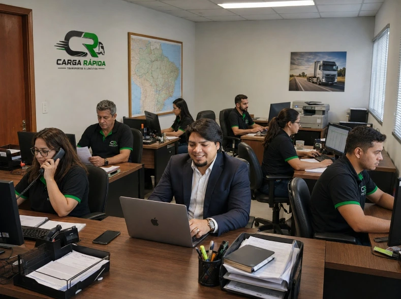 Equipe administrativa e operacional da Carga Rápida no escritório